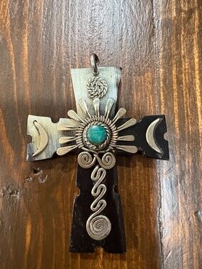 Handcrafted Silver-Tone Black Cross Pendant with Turquoise Accent